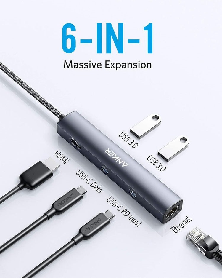 Anker 543 USB-C Hub ((6-in-1, Slim) Hubs and Docks Grey | SC528072J3