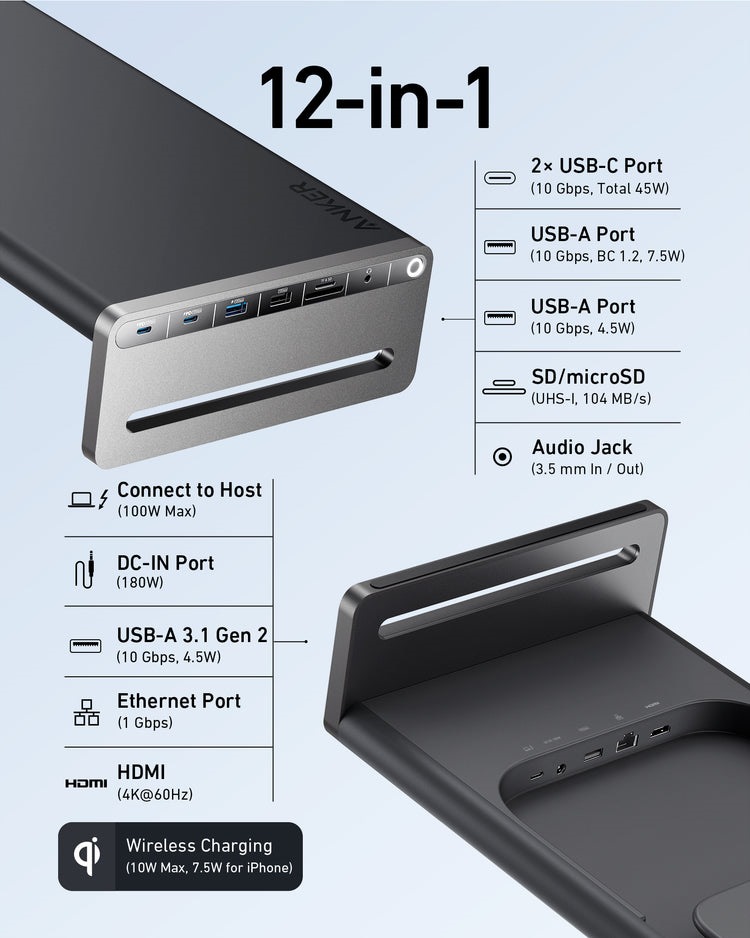 Anker 675 USB-C Docking Station ((12-in-1, Monitor Stand, Wireless) Hubs and Docks Black | ST535673P2