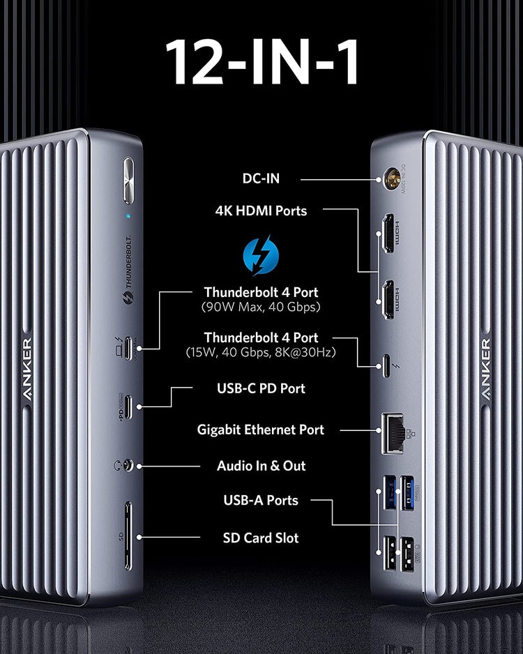 Anker 777 Thunderbolt Docking Station ((Apex, 12-in-1, Thunderbolt 4) Hubs and Docks Grey | AP072497U9