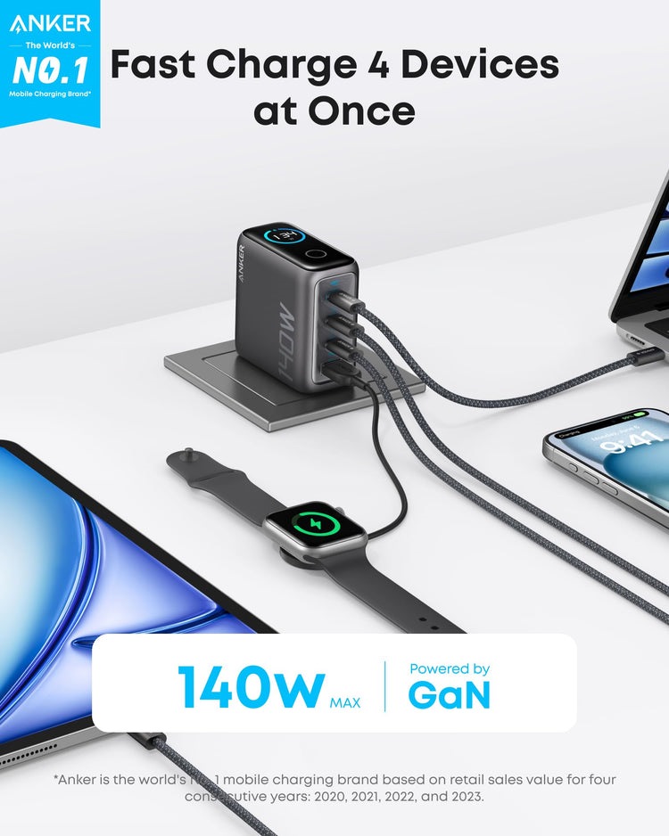 Anker Laptop Charger ((140W, 4-Port, PD 3.1) with USB-C Cable Chargers Black | VX576077P5