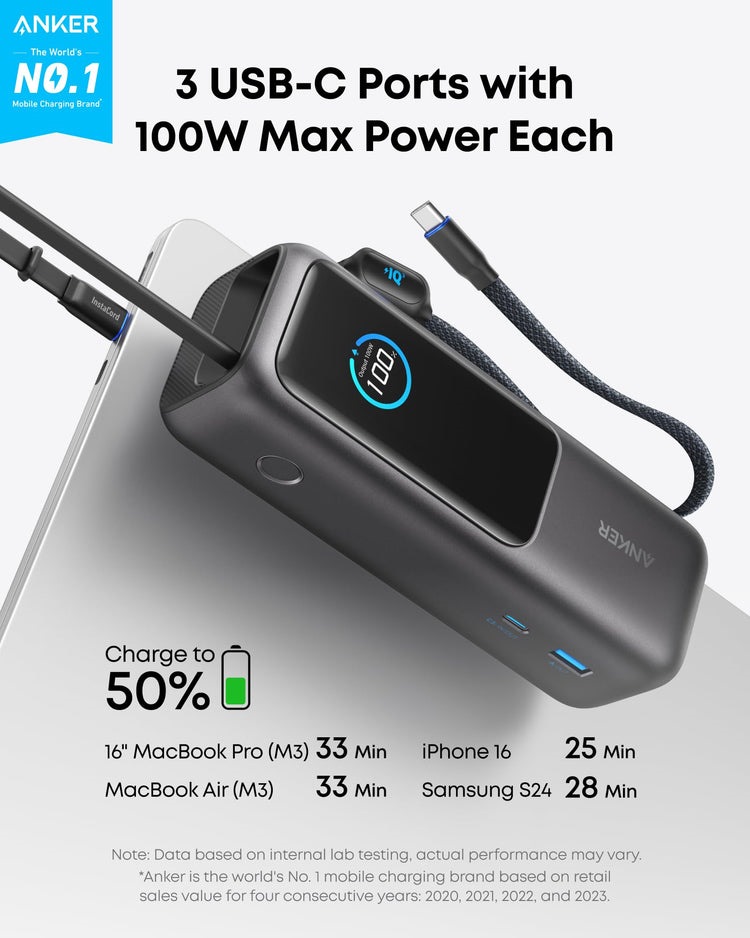 Anker Laptop Power Bank ((25K, 165W, Built-In and Retractable Cables) Power Banks Black | VJ077197N7