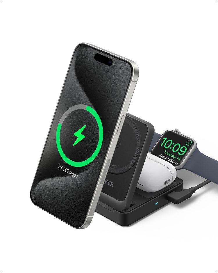 Anker MagGo Wireless Charging Station ((Foldable 3-in-1) & MagGo Wireless Charger ((Stand) Wireless Chargers Black | HZ250665T1