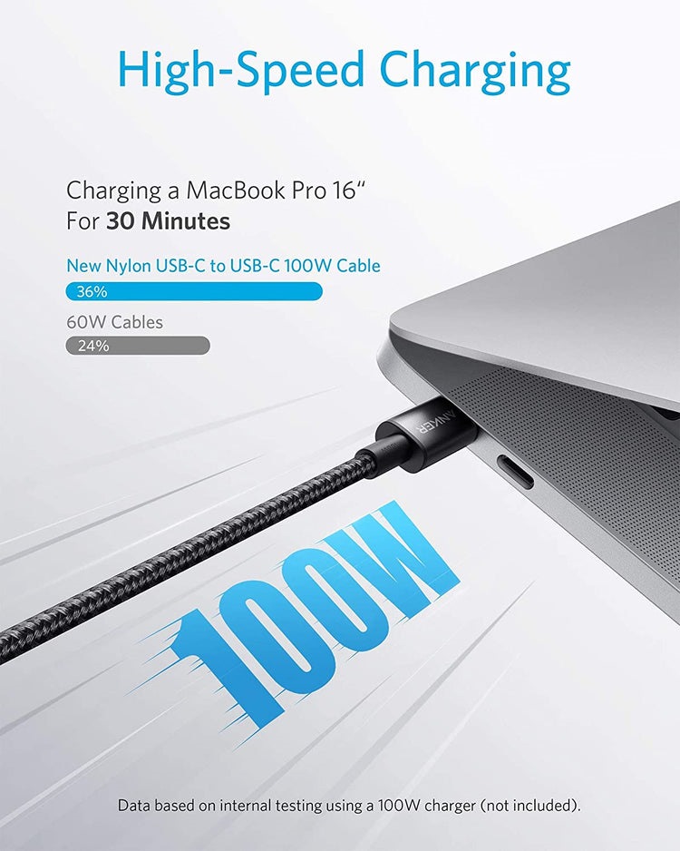 Anker New Nylon USB-C to USB-C 100W Cable ((10 ft) Cables Black | RD034823B5