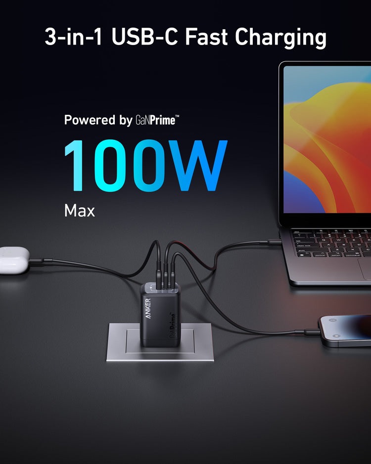Anker Prime 100W GaN Wall Charger ((3 Ports) Chargers Black | UJ448034D6