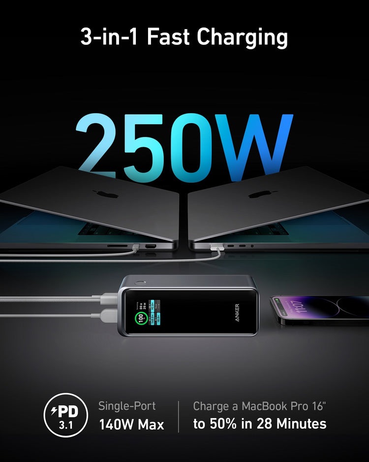 Anker Prime 27,650mAh Power Bank ((250W) and 100W Charging Base Power Banks Black | UC271817I3