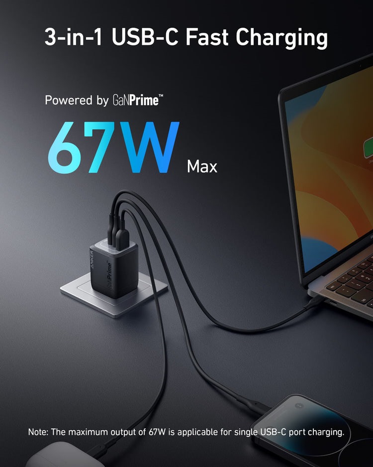 Anker Prime 67W GaN Wall Charger ((3 Ports) Chargers Black | WJ132833A3