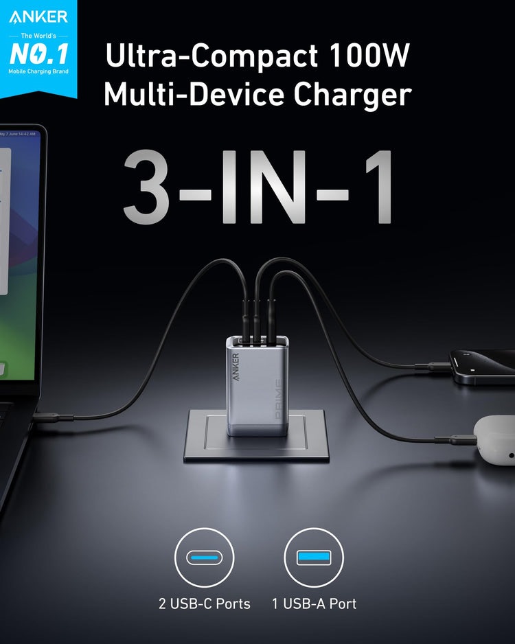 Anker Prime Charger ((100W, 3 Ports, GaN) Chargers Grey | ZO266626Y8