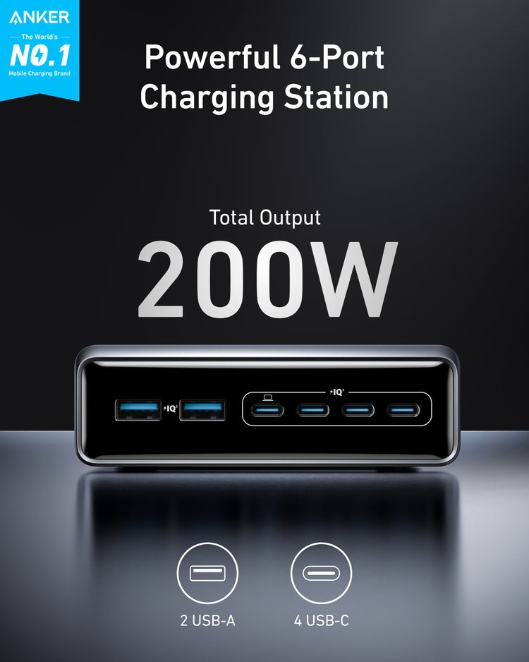 Anker Prime Charger ((200W, 6 Ports, GaN) Chargers Black | BF315331O1
