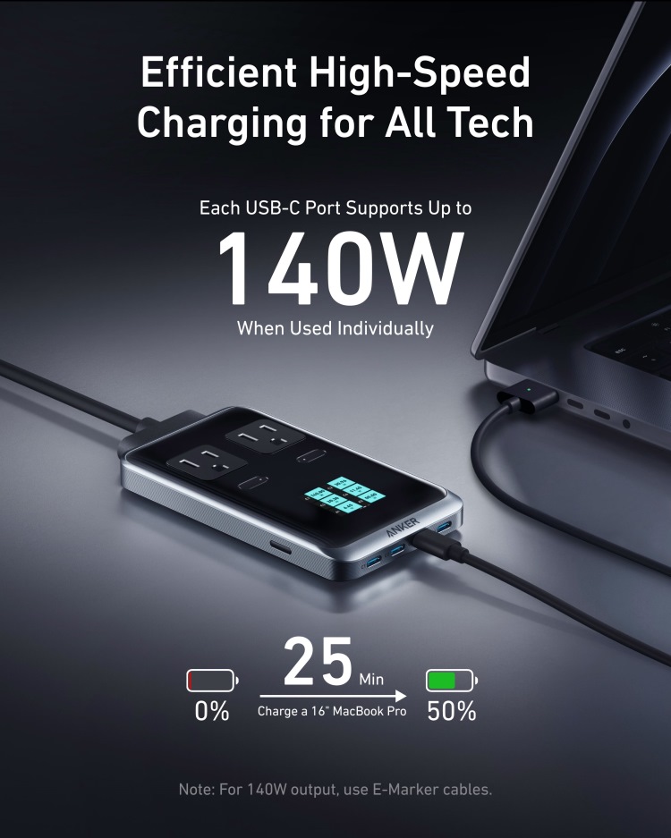 Anker Prime Charging Station ((8-in-1, 240W) and USB-C to USB-C Cable ((3 ft / 6 ft, 240W) AC Power Black | LY117261Q0