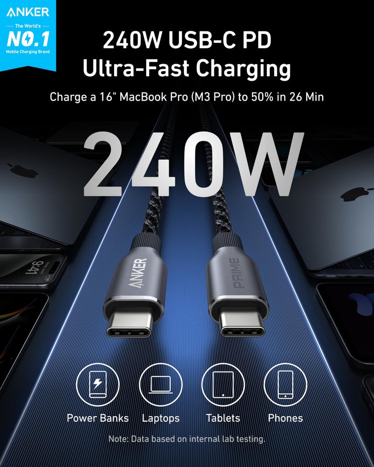Anker Prime USB-C to USB-C Cable ((240W, Upcycled-Braided) Cables Grey | WZ828132O1