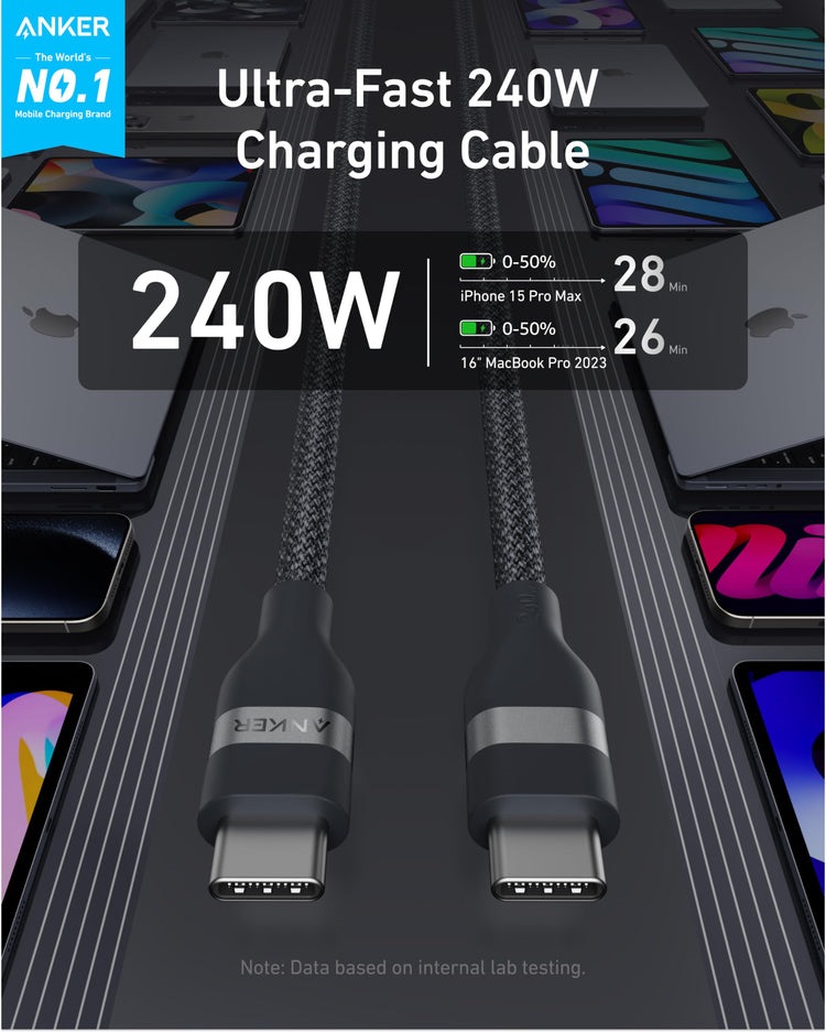 Anker USB-C to USB-C Cable ((3 ft / 6 ft, 240W, Upcycled-Braided) Cables Black | ZR471867D8